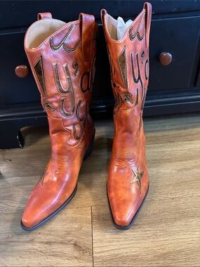Women Western Cowboy Boots - Orange faux Leather